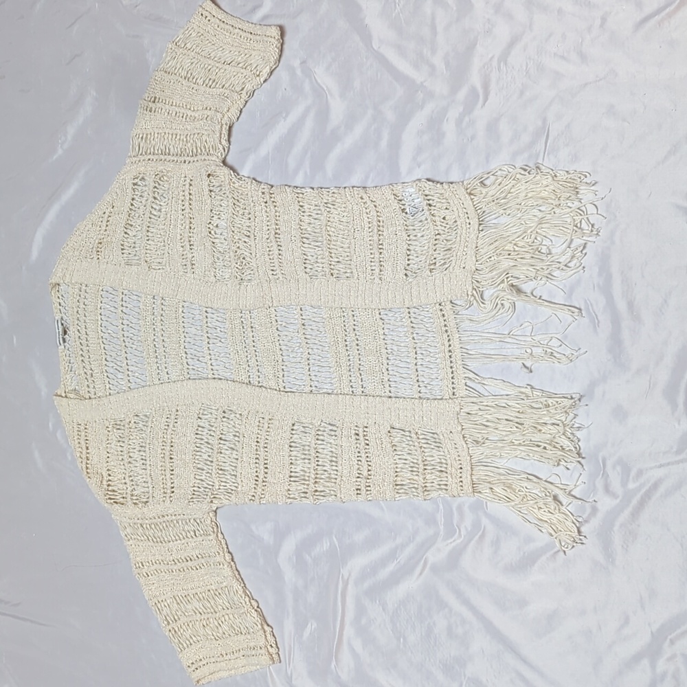 American Eagle Cream Boho Beachy Open Knit Open Front Long Cardigan with Fringe